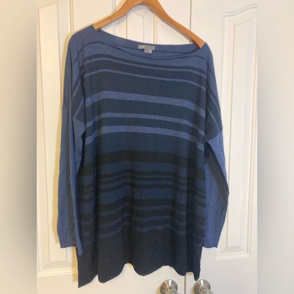 Vince Merino Wool Blend Blue Block Print Striped Oversized Boxy Lightweight Top - Picture 2 of 7
